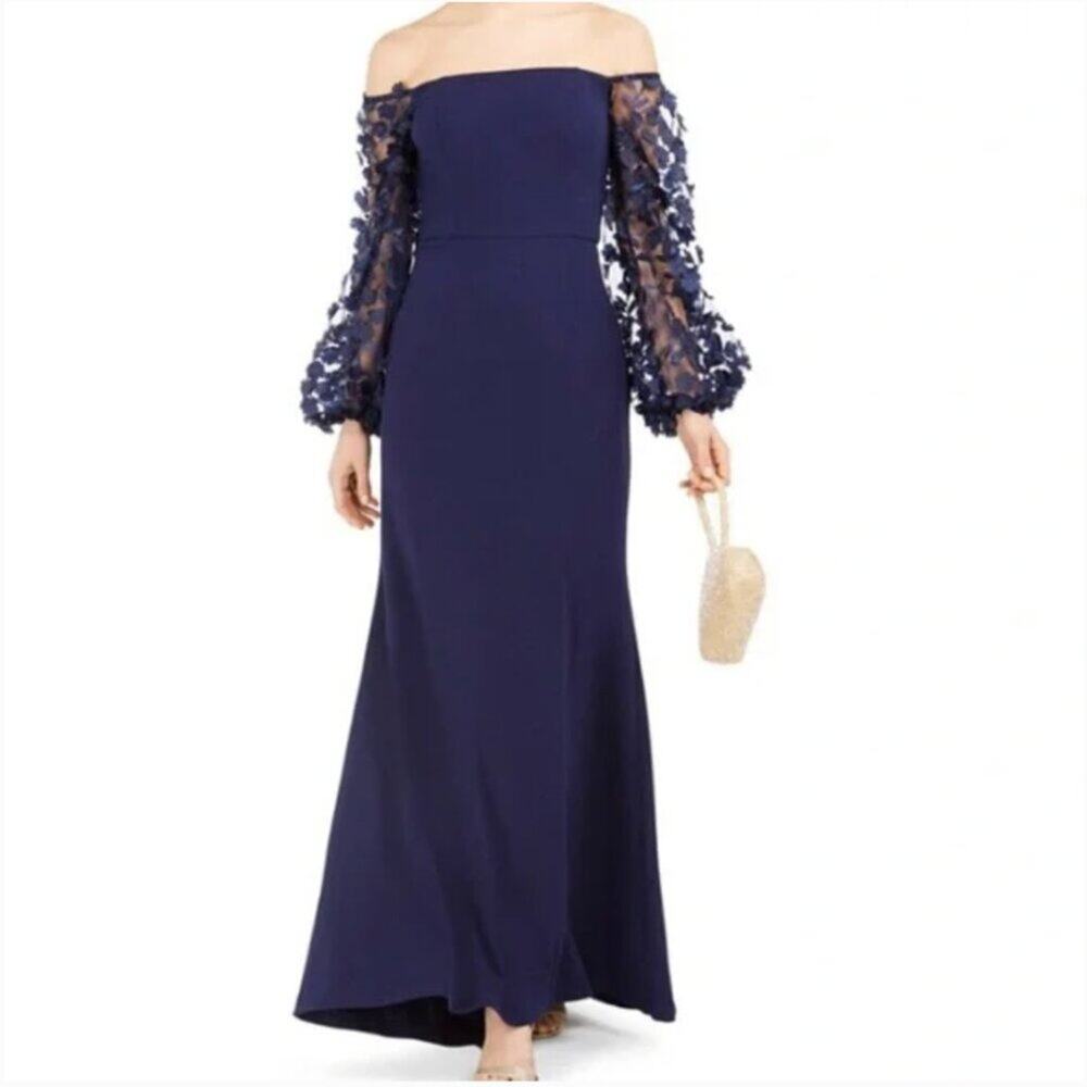 Eliza J Navy Blue Sheer Floral Sleeve Gown